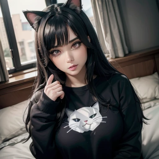 Cat girl, demi-cat girl, kitten girl, black-colored hair, black eyes, cat ears, cat tail, fair skin, curvy body, cat print sweatshirt, big breasts, on the bed, beautiful detailed eyes, beautiful detailed lips, extremely detailed face and eyes, long eyelashes, high quality, 8k, realistic, photorealistic, masterpiece, ultra-detailed, physically-based rendering, professional, vivid colors, warm lighting, soft focus