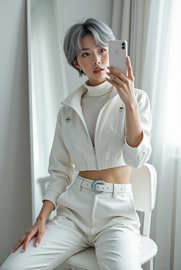 highly detailed, beautiful, hyper Realistic girl, masterpiece, best quality, Japanese sexy gravure woman, 28 years old, identity hidden, takes a selfie in her room using a smartphone in front of a mirror with one hand, fashion model Posing, sitting, looking away from the camera, /// gray short hair, light color eyes, Realistic skin, Detailed face, /// white-themed, futuristic-inspired casual fall outfit. The ensemble should feature a high-collared, white asymmetrical short Parker with metallic accents, paired with a sleek, form-fitting turtleneck in a soft white fabric. Combine this with high-waisted white joggers made from a lightweight, tech-inspired material. Footwear should include white, futuristic sneakers with transparent soles. Accessories might involve a slim, metallic belt and a minimalist white crossbody bag with holographic details. The overall look should blend modern functionality with futuristic elements, offering a fresh, forward-thinking take on autumn fashion, /// Monotone simple modern taste single room, mirror, complicated background