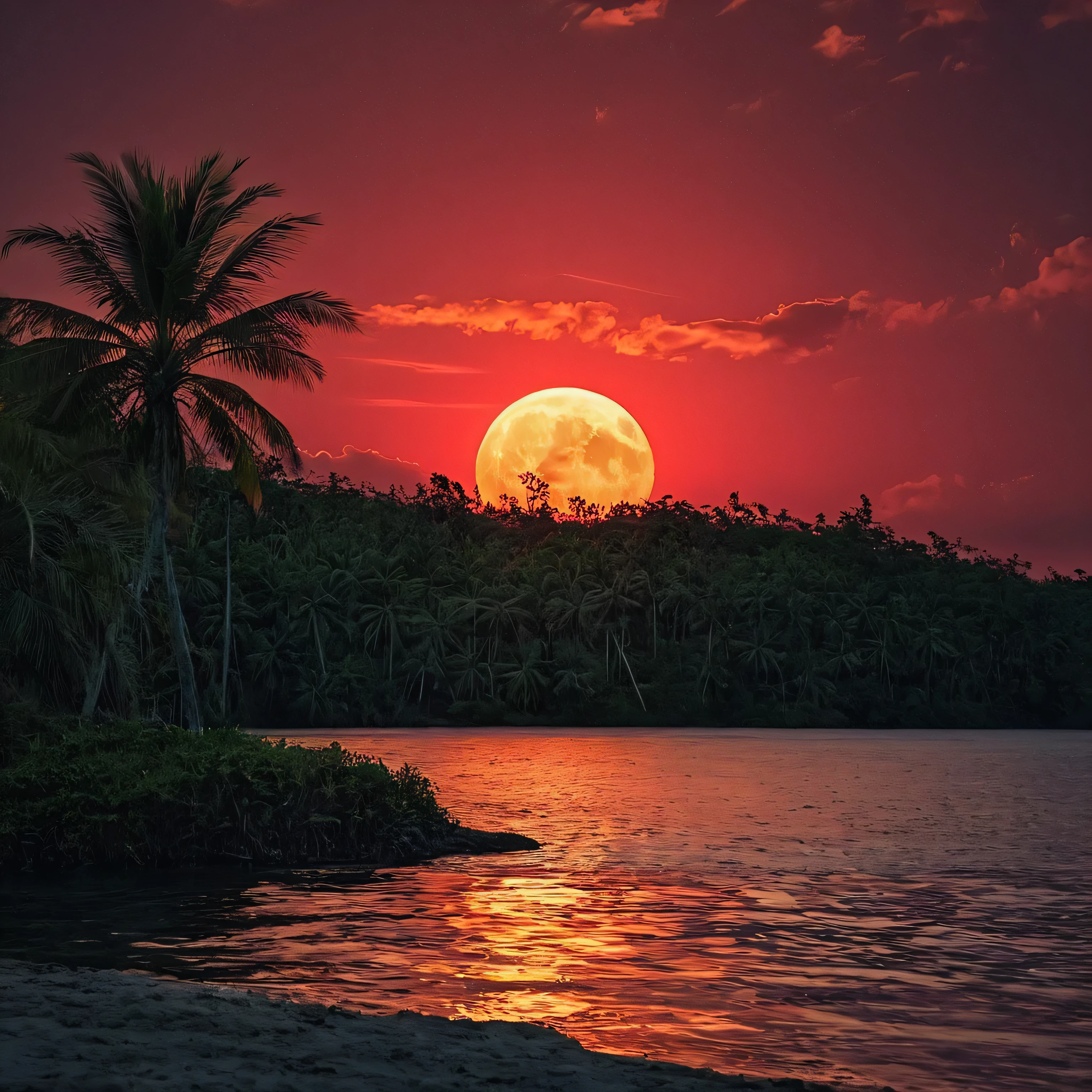 Ultra-high resolution, 4K, Super detailed, Movieような, a photograph of  Juxtaposition of a red sunset with palm woods and a body of water,Juxtaposition,artistic,photograph,Dramatic Light,Dramatic shadow light,Contrast,saturated color,Movieような,Movie,photograph,Realistic,realism,perfectionion,perfection,Juxtaposition,Opposition,Various things,Alongside,Syncretism,antithesis,Juxtaposition style,Outdoor,null,cloud,water,wood,No humans,moon,nature,scenery,full moon,reflection,sunset,Mountain,sun,silhouette,Red Theme,landscape,lake,red null , creative, photorealism, hyperrealism, Fine art photograph style, Fine art Movieような photograph style, amazing, Beautiful lighting, moving