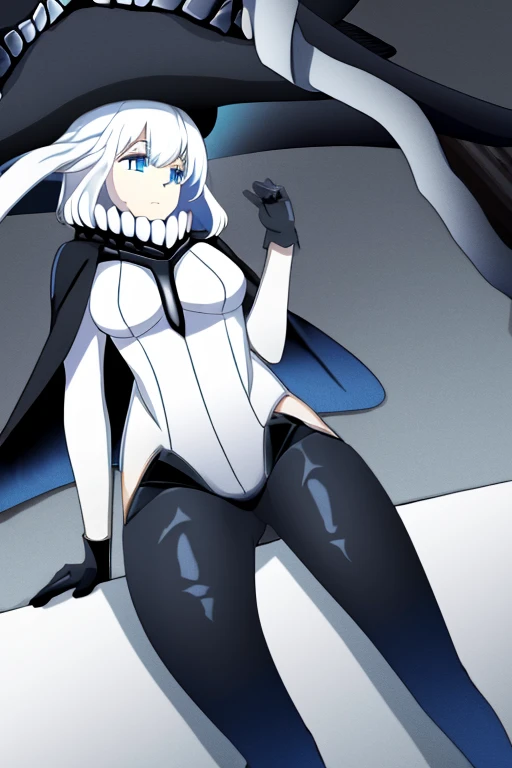 wo-class aircraft carrier, hat, gloves, breasts, hair, 1girl, white hair, solo, white skin, black gloves, bodysuit, blue eyes, black cape, cloak, leather pants, room, Masterpiece, Best Quality,