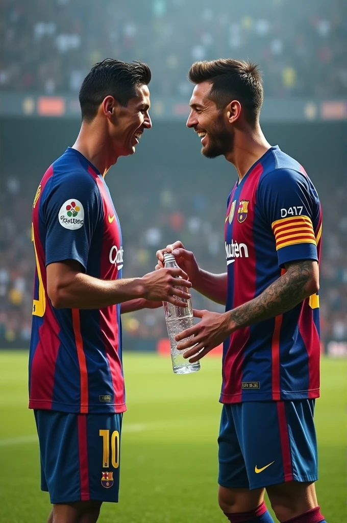 Cristiano Ronaldo giving Messi some water while laughing in a football match