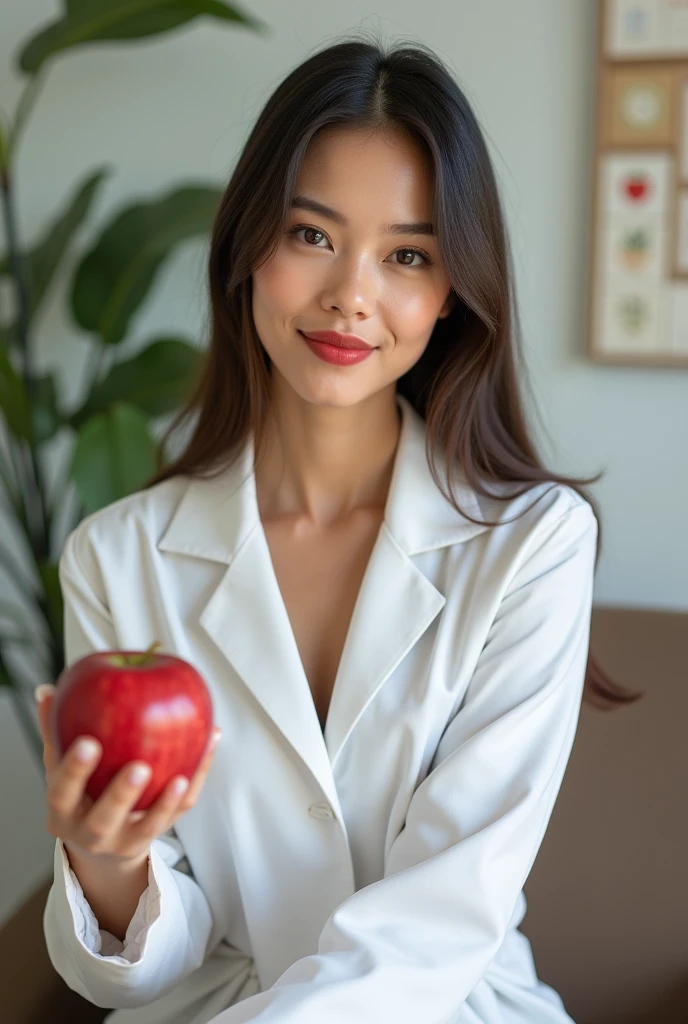 young woman, long straight hair in dark brown color, brown eyes and striking red lipstick, very fair skin and well-defined eyebrows, with the background of a Nutrition office, she is sitting on the chair and wearing a white coat and holding an apple 