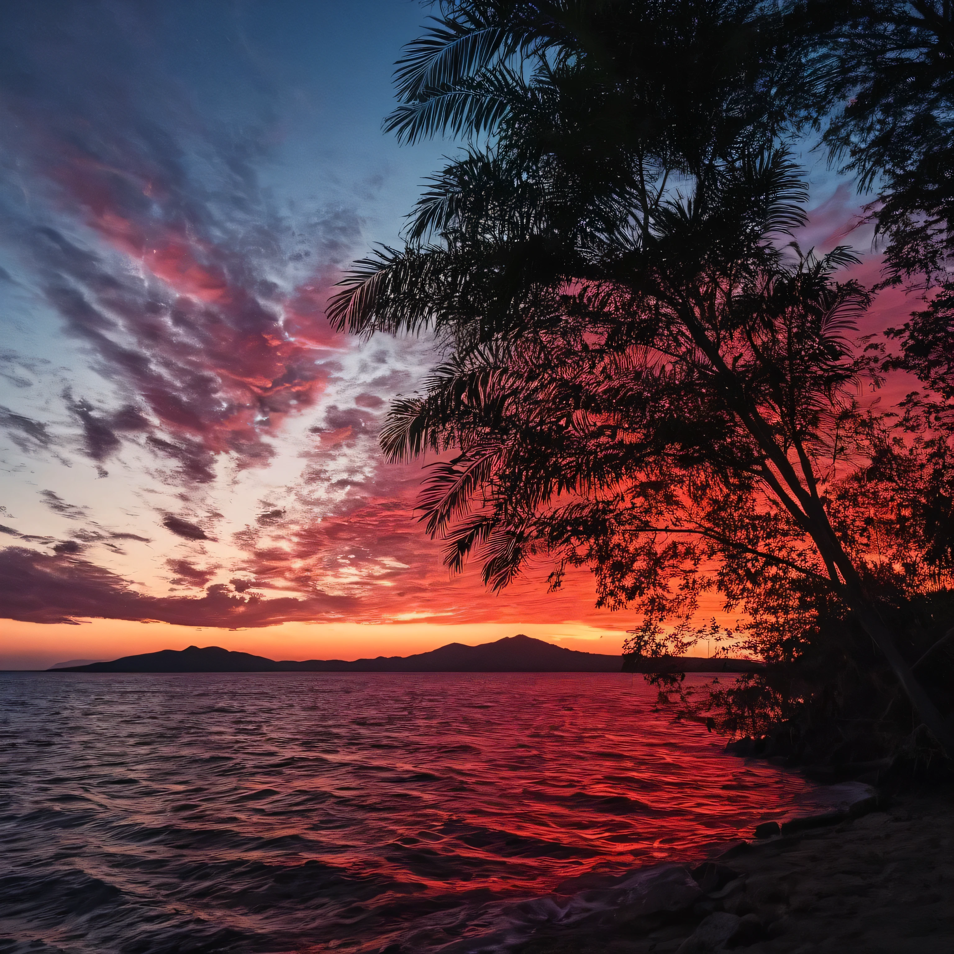 Ultra-high resolution, 4K, Super detailed, Movieような, a photograph of Juxtaposition of a red sunset with palm woods and a body of water,Juxtaposition,artistic,photograph,Dramatic Light,Dramatic shadow light,Contrast,saturated color,Movieような,Movie,photograph,Realistic,realism,perfectionion,perfection,Juxtaposition,Opposition,Various things,Alongside,Syncretism,antithesis,Juxtaposition style,Outdoor,null,cloud,water,wood,No humans,moon,nature,scenery,full moon,reflection,sunset,Mountain,sun,silhouette,Red Theme,landscape,lake,red null , creative, photorealism, hyperrealism, Fine art photograph style, Fine art Movieような photograph style, amazing, Beautiful lighting, moving