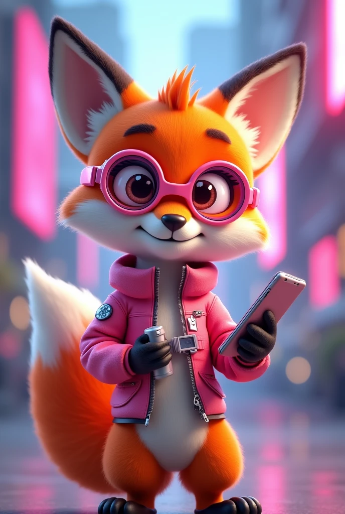 Create a 3D Disney Pixar style fox named Techie Fox. She must exude a curious personality, innovative and enthusiastic, perfect for a section dedicated to technology and gadgets.
colors: Vibrant shades of orange and white, with pink details and accessories to maintain cohesion with the other mascots.
Accessories:
futuristic glasses: Tech glasses with a modern design and pink details.
technological clothing: A stylized vest or jacket with pink accents and digital or technological patterns.
Technology Equipment: May be holding or interacting with gadgets like a tablet, smartphone or a technological device with pink details.
Expressions: Enthusiastic smile and bright eyes, with an expression of curiosity and excitement that conveys innovation and passion for technology.
Activities and Poses:
Exploring Technology: Interacting with gadgets, such as showing a tablet or smartphone with a technological interface.
Technology Tips: Pointing to a board with tips on new gadgets, technological tricks or trends.
Innovating: Perhaps demonstrating the use of a futuristic gadget or helping to set up a device.
Interactivity on the Website:
Hover animations: Animated movements like showing the screen of a gadget, blink your eyes to simulate interaction with technology, or rotate a device.
Technological Messages: Friendly messages with tips on new gadgets, applications and technological trends.