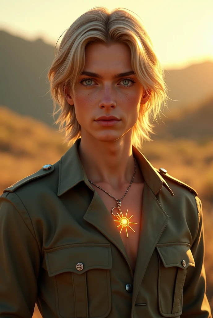 create the image of a young military man with slightly long blond hair and blue eyes with a sun necklace around his neck