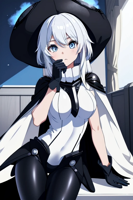 wo-class aircraft carrier, hat, gloves, breasts, hair, 1girl, white hair, solo, white skin, black gloves, bodysuit, blue eyes, black cape, cloak, leather pants, room, Masterpiece, Best Quality,