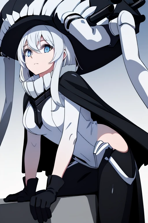 wo-class aircraft carrier, hat, gloves, breasts, hair, 1girl, white hair, solo, white skin, black gloves, bodysuit, blue eyes, black cape, cloak, leather pants, room, Masterpiece, Best Quality, 