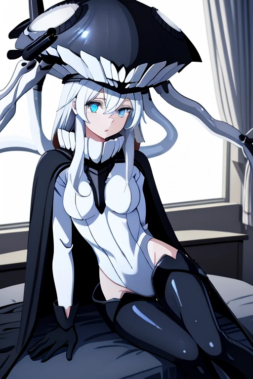 wo-class aircraft carrier, hat, gloves, breasts, hair, 1girl, white hair, solo, white skin, black gloves, bodysuit, blue eyes, black cape, cloak, leather pants, room, Masterpiece, Best Quality, 