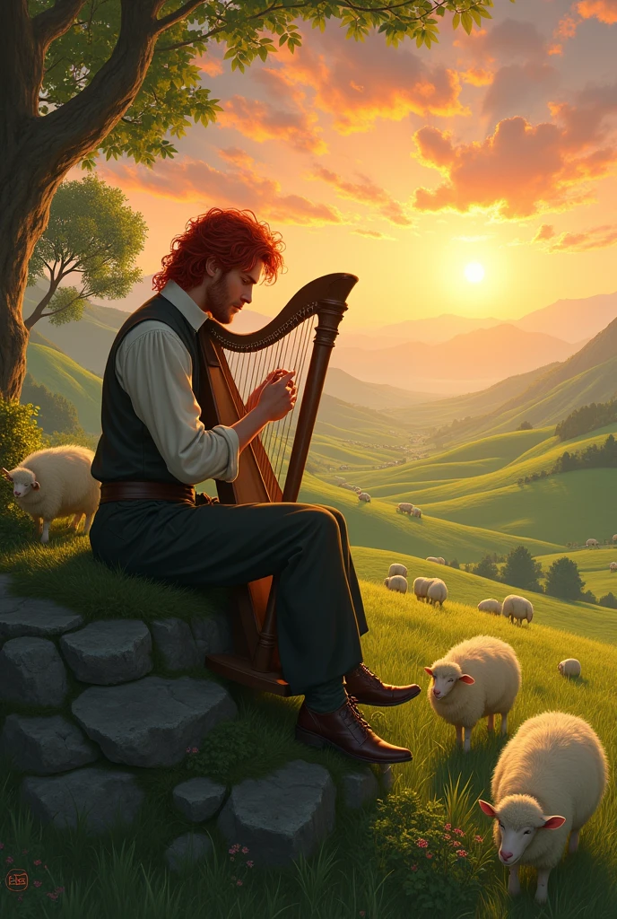 red-haired man, sitting on a rock playing the harp in the background a very green plain and many sheep at sunset