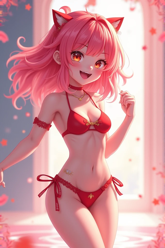 Erotic Pink Hair Erotic、Shihodo Narika、Pink Hair、No sleeve、Shoulder、Red rubber suit leotard、Super Subaru Flash Ninja Haruka Bedroom with hearts on a black background Dark theme Evil Fallen Temptation Excitement Condescending smile Sexy pose Upper body emphasis Hands on chest