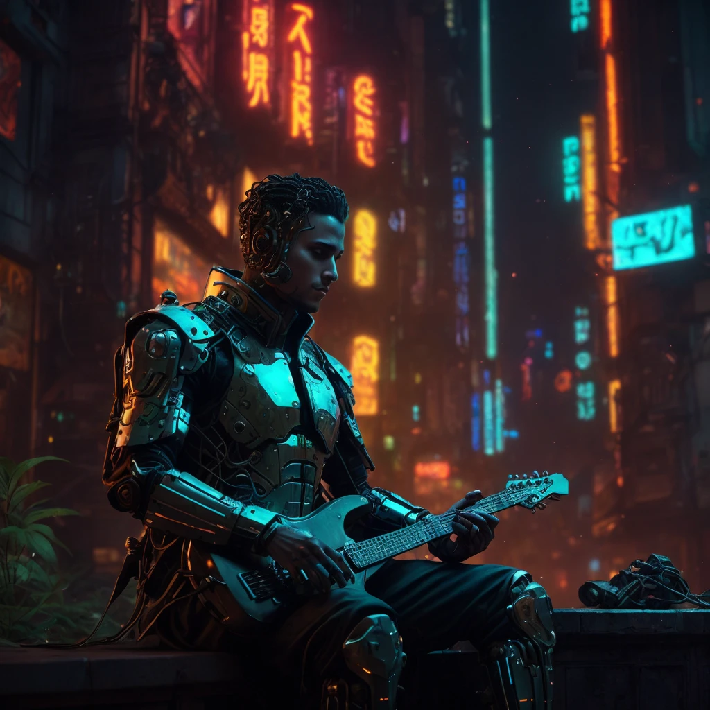 A troubadour with robotic features, whose body is seamlessly merging with nature in a blend of a lost city, set in a cyberpunk-style environment. The troubadour has intricate robotic details, with metallic textures and glowing circuits, while his body integrates with overgrown vegetation and ancient, decaying city structures. The scene is highly detailed, with a mix of technology and organic elements, creating a mysterious atmosphere where the robotic troubadour becomes one with the lost, forgotten world around him, all within the neon-lit, dystopian aesthetic of a cyberpunk landscape.