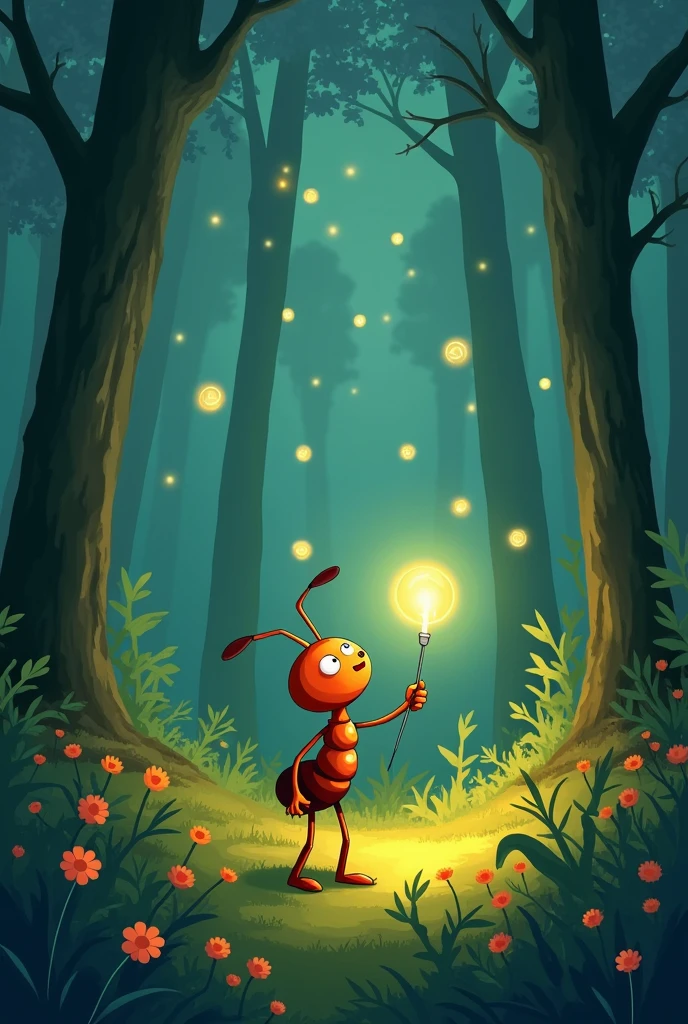 **Title: The Ant and the Fireflies**

---

[Scene 1: *Opening Scene*]

Narrator: *In a lush, green forest, where the trees stand tall and the flowers bloom in vibrant colors, there lived a hardworking little ant named Andy. Andy was always busy gathering food and building tunnels for his colony, making sure everything was perfect. But while Andy worked, he often felt a bit lonely. He watched other animals play and explore, wishing he could join them, but he never had the time.*  

[Scene 2: *Andy the Ant at Work*]

Narrator: *One evening, as the sun began to set and the sky turned orange and pink, Andy was carrying a tiny crumb back to his anthill. Suddenly, he noticed a soft glow in the distance, flickering between the trees. Curious, Andy put down his crumb and decided to see what was happening.*

[Scene 3: *The Fireflies’ Dance*]

Narrator: *As Andy got closer, he saw a group of fireflies lighting up the night with their bright, beautiful glow. They were dancing in the air, making patterns of light that twinkled like stars. Andy had never seen anything so magical! The fireflies noticed Andy watching and flew down to greet him.*

Firefly Leader: *"Hello there, little ant! My name is Flash, and these are my friends. We’re the fireflies of the forest. Would you like to join our dance?"*

Andy the Ant: *"Oh, I’d love to, but I’m just a simple ant. I’m not sure I know how to dance like you do."*

Flash the Firefly: *"Everyone can dance in their own way! Come on, let’s have some fun."*

[Scene 4: *Andy Tries to Dance*]

Narrator: *Encouraged by Flash and the other fireflies, Andy decided to give it a try. At first, he was a bit clumsy, moving his little legs in awkward steps. But as the fireflies flew around him, creating a circle of light, Andy began to feel more confident. He moved to the rhythm of their glowing dance, and soon, he was twirling and spinning, his tiny body glowing with happiness.*

[Scene 5: *The Magic of Friendship*]

Narrator: *The more Andy danced,