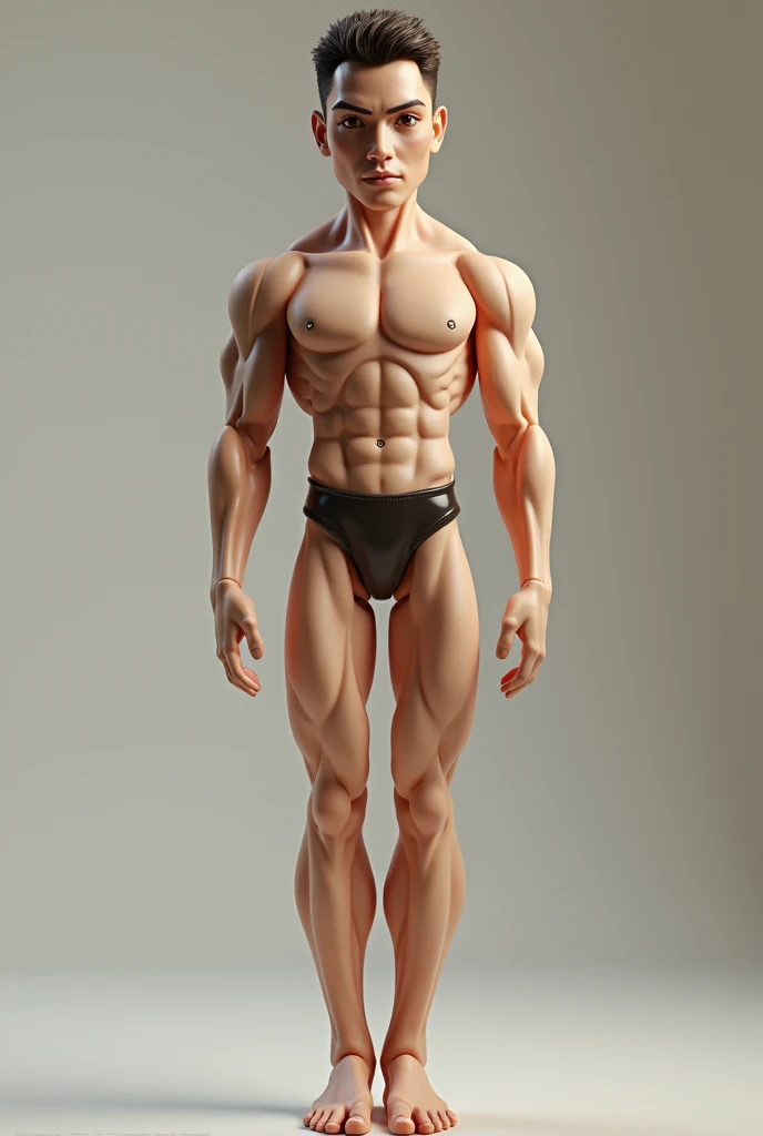 Photorealization of a tall brown-eyed doll, muscular build
