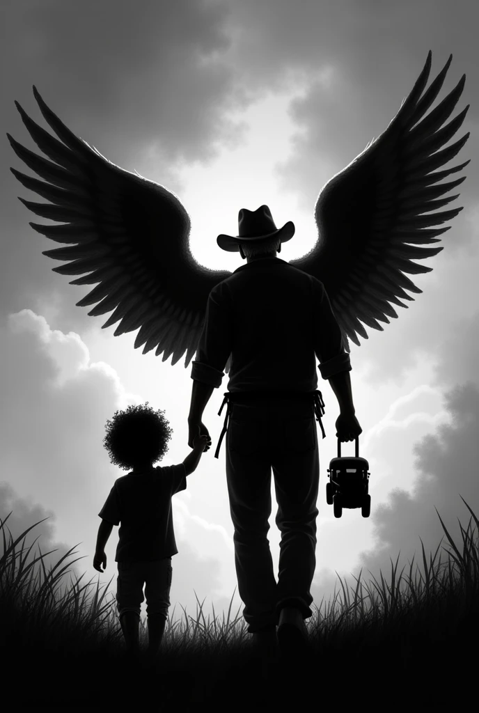 black and white silhouette, 7 year old boy, dark brown curly hair, He has a wooden truck in his left hand. He takes his dad&#39;s hand, 70 years old, short hair, with a white cattle hat. Dad is levitating towards the sky. The dad is an angel, He has wings on his back. Dad and son stand with their backs turned looking towards the horizon., dark fantasy
