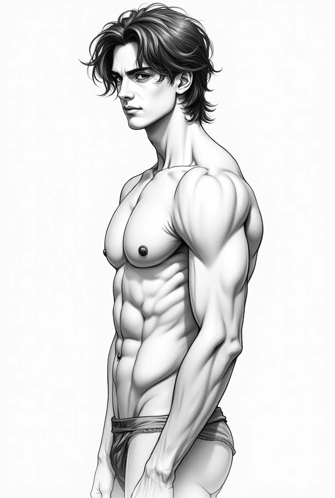 dibujo( boceto) de un hombre guapo de unos 20 años , con una mirada PROMINENTE, con labios cerrados ( pero con una leve sonrisa) que su pelo sea medio liso son un flequillo que le llegue a los ojos( pero que puede verse su mirada , que se vea todo su cuerpo y que este sin ropa , si se puede que este de lado y que se vean sus musculos ( que tenga buen físico)y que se noten sus oblicuos que se note las sombras y luces , que se vea hasta casi las rodillas , y que sea blanco y negro y no tan largo el cabello , que se noten biennnn las SOMBRAS Y LUCES, pero mas realista((((REALISTA Y DE CUERPO COMPLETO)))) LUCES Y SOMBRAS BIEN MARCADAS
Que se vea mas su cuerpo y que no este tan musculoso