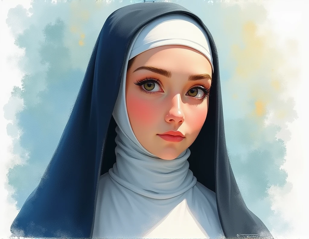 Nun painted in animated watercolor style