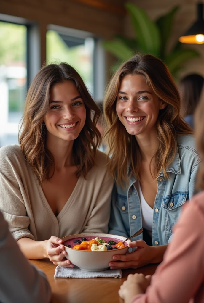 Realistic Young Couple, At the acai shop ,brown hair eating acai , with friends Ultra HD, high qualiy, best qualityer, high resolution, 8k, 16K
