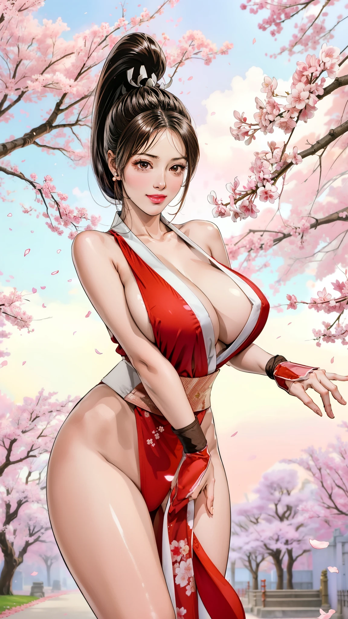 Japanese Beauty，Cherry Blossoms，Petals are just beginning to fall, In a park rich in nature、plant, (((Sexy姿势的杰作))), ((best quality)), ((complicated)), ((Surrealism)), Mature woman, Mature woman, , Very detailed, shape, mai Shiranui, ((Huge breasts)), Perfect hands, Finger details, beautiful eyes, ponytail，Brown eyes, (mai Shiranui suits:1.2),  earrings, Long detailed background, Perfect eyes, Charming eyes, Looking at the audience,  Rosy cheeks，Sexy，Cleavage，cute，Smile，beauty，Breast close-up，beauty的乳房，Osaka Castle，Japanese Shrines