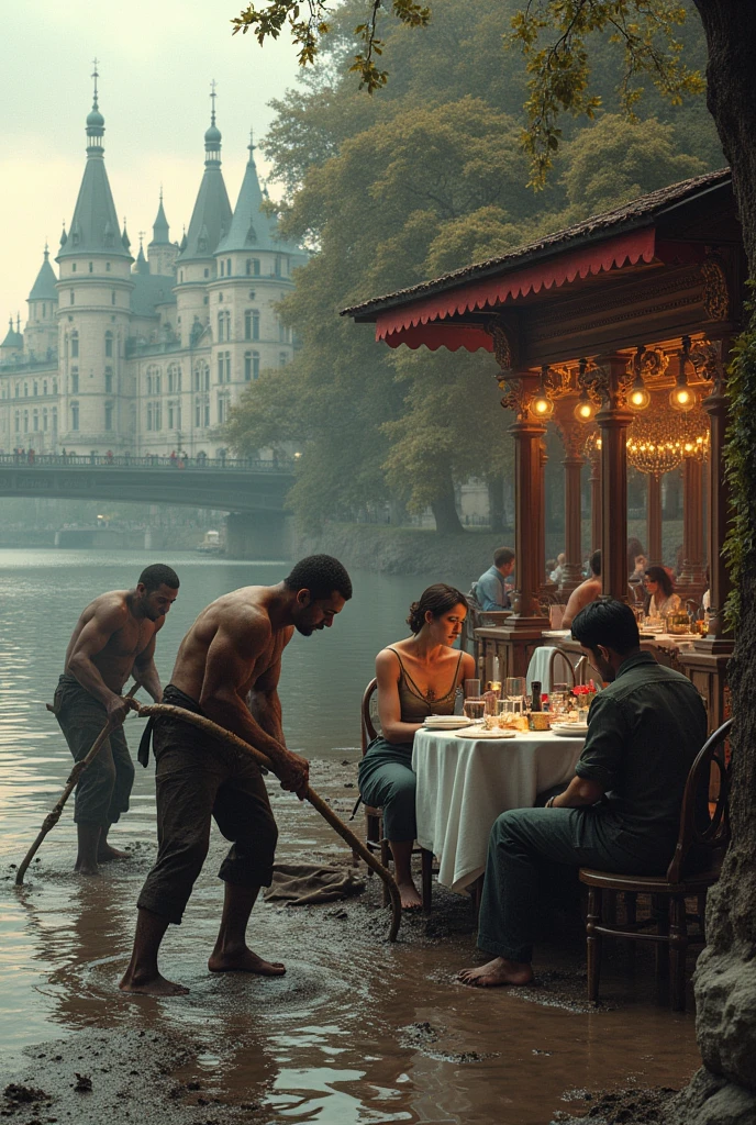 On the banks of the city river, There are simple people working in the mud, and while in the background, There is a luxury restaurant with a family having dinner.
