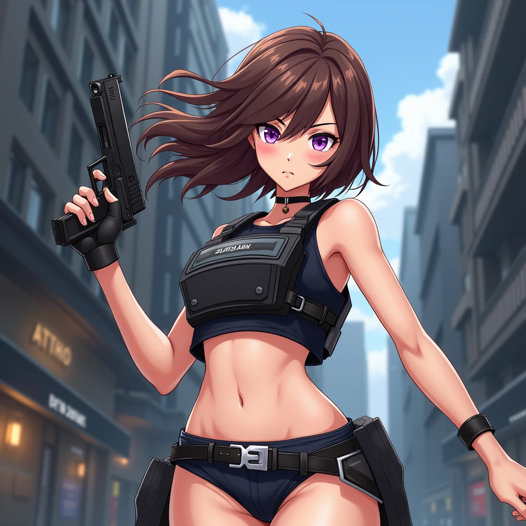 Girl, brown hair, purple eyes, cool haircut, no shirt, bulletproof vest, hot pants, pistol on belt, slightly angry, anime