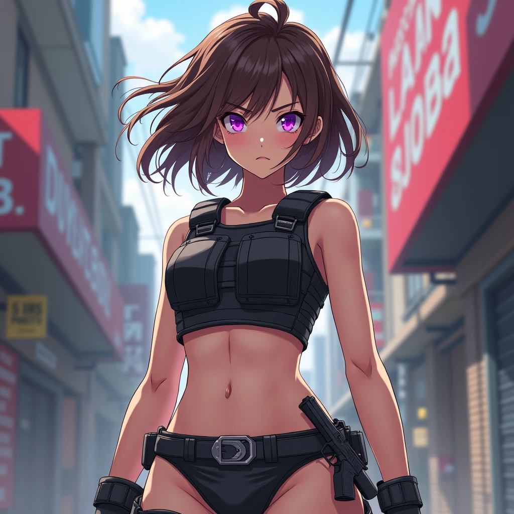 Girl, brown hair, purple eyes, cool haircut, no shirt, bulletproof vest, hot pants, pistol on belt, slightly angry, anime