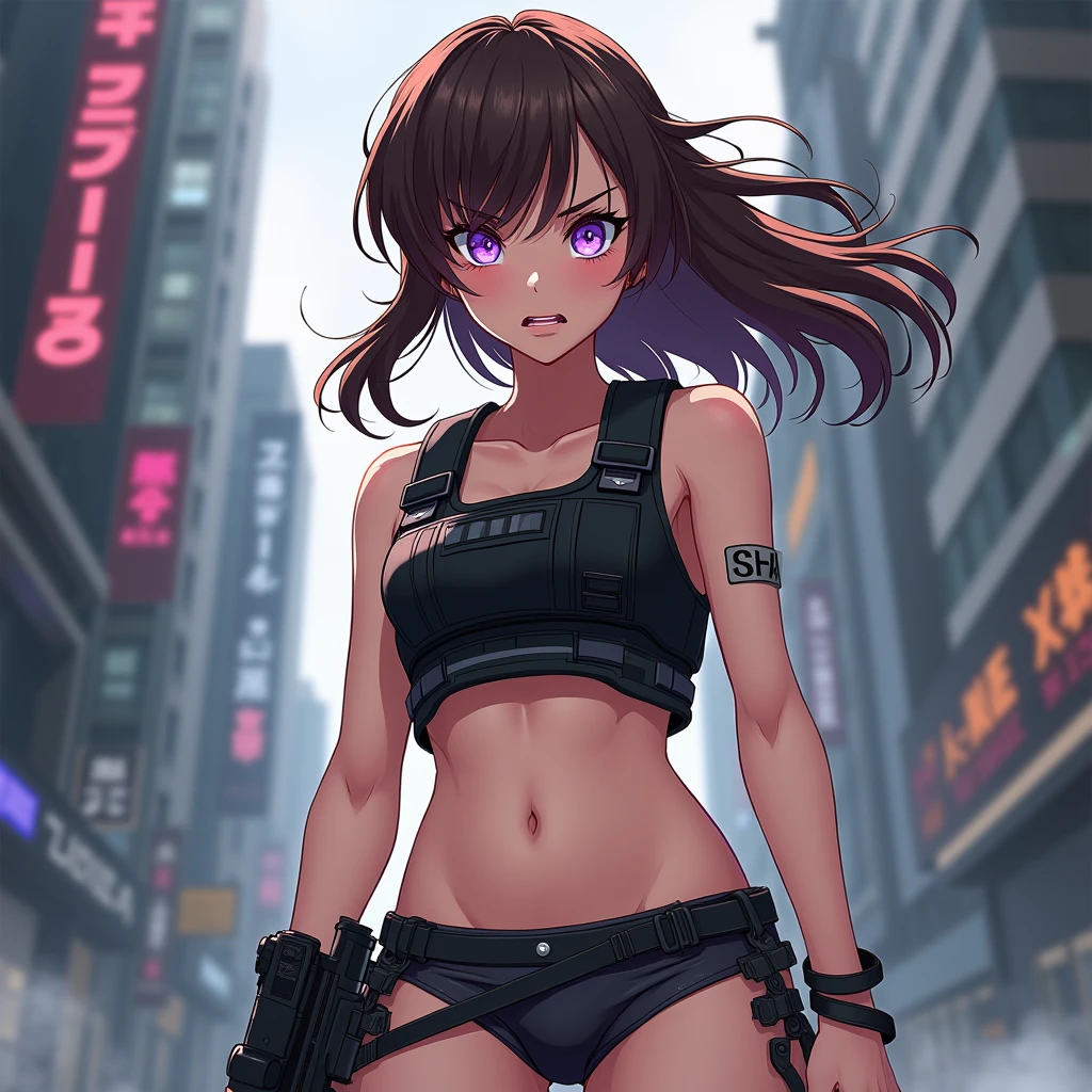 Girl, brown hair, purple eyes, cool haircut, no shirt, bulletproof vest, hot pants, pistol on belt, slightly angry, anime