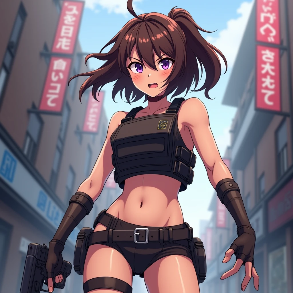 Girl, brown hair, purple eyes, cool haircut, no shirt, bulletproof vest, hot pants, pistol on belt, slightly angry, anime