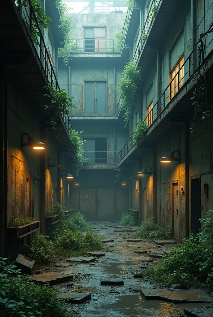 a derelict military facility, metal gear solid, psx graphics, detailed, highly detailed, intricate, cinematic lighting, moody atmosphere, dark and gritty, rusty metal textures, worn surfaces, abandoned equipment, overgrown vegetation, decaying infrastructure, high contrast lighting, dramatic shadows, muted color palette, retro video game aesthetic, nostalgic, photorealistic, 8k, masterpiece