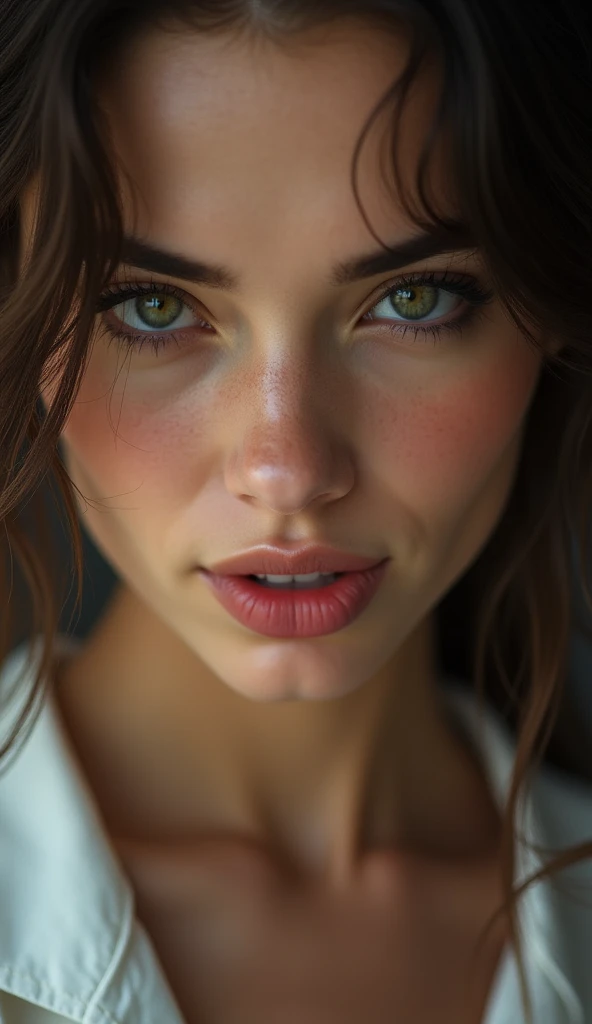 (masterpiece:1.3), (8K、photorealistic, Raw photo, best quality:1.4), Close-up shot of a young woman with a provocative gaze, softly biting her lower lip, with a subtle smirk. The camera remains static, capturing her intense expression with soft, cinematic lighting that highlights her face.