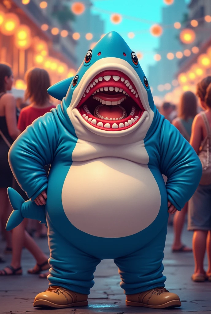 A short, fat man, happy and womanizing in a shark costume