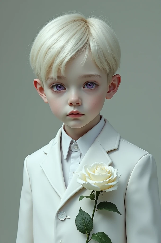 Pale skinned boy with light blond hair and dull purple eyes with a dead look and a white suit and on the suit there is a white rose 