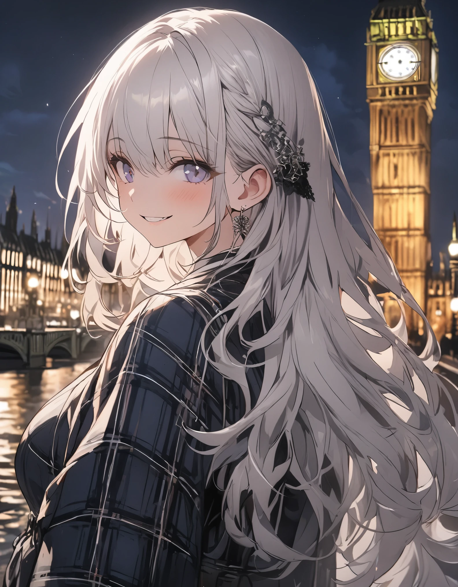 masterpiece、1 girl, white hair, tartan check clothes, smile, british city background, city of london, Night, ((Big Ben))