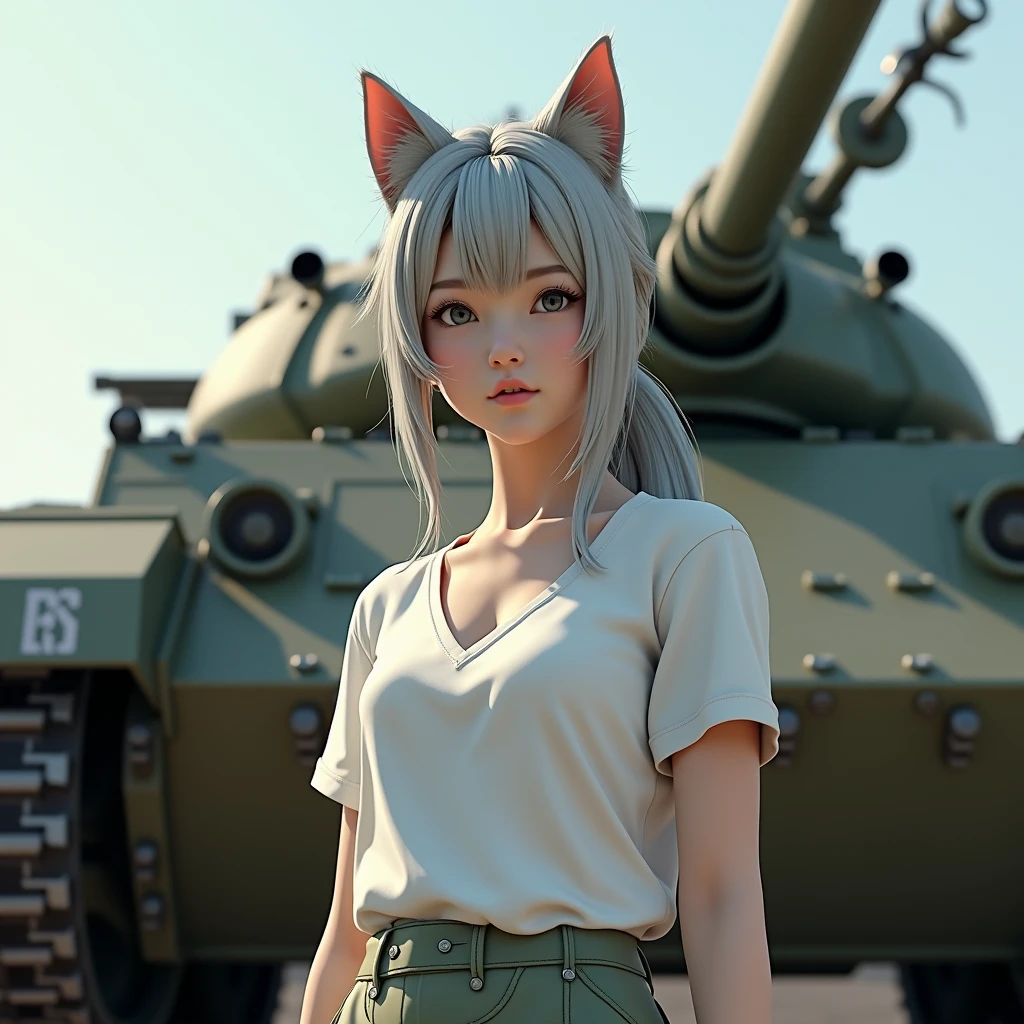In a realistic 3DCG style、Please draw a 25 year old woman with average facial features of a Japanese female idol.。She has cat ears and long silver hair tied in a ponytail.、She is wearing a white V-neck T-shirt and skirt。The view is from below、Set her face to look up、Please draw so that the whole body is visible。She stands strong and dignified.、In the background, a tank equipped with a large main gun with realistic texture is placed.、The tank had『res』It is written that。Please realistically express the scene that highlights the character's determination and overwhelming presence.。