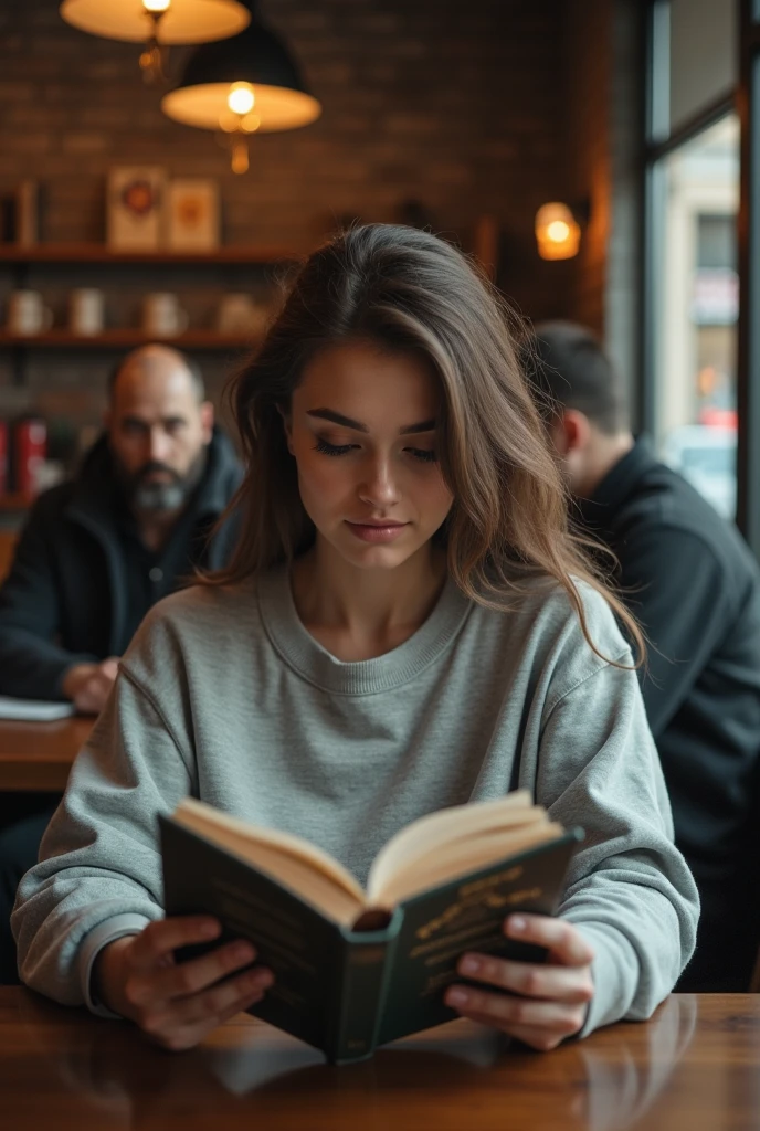 a young woman in a sweatshirt, reading a book on how to get older men to bankroll you and preferably married, in a coffee shop where a man is already watching her with interest and a seductive look