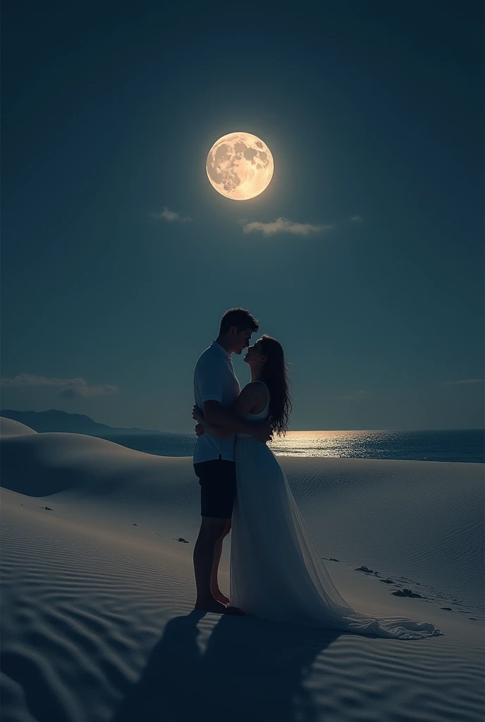 Couple looking at the sand and the moon
