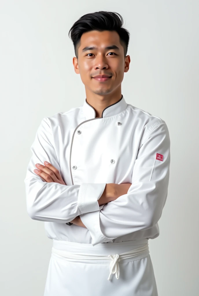 Real one Pinoy man handsome with chef outfit white . Standing white background