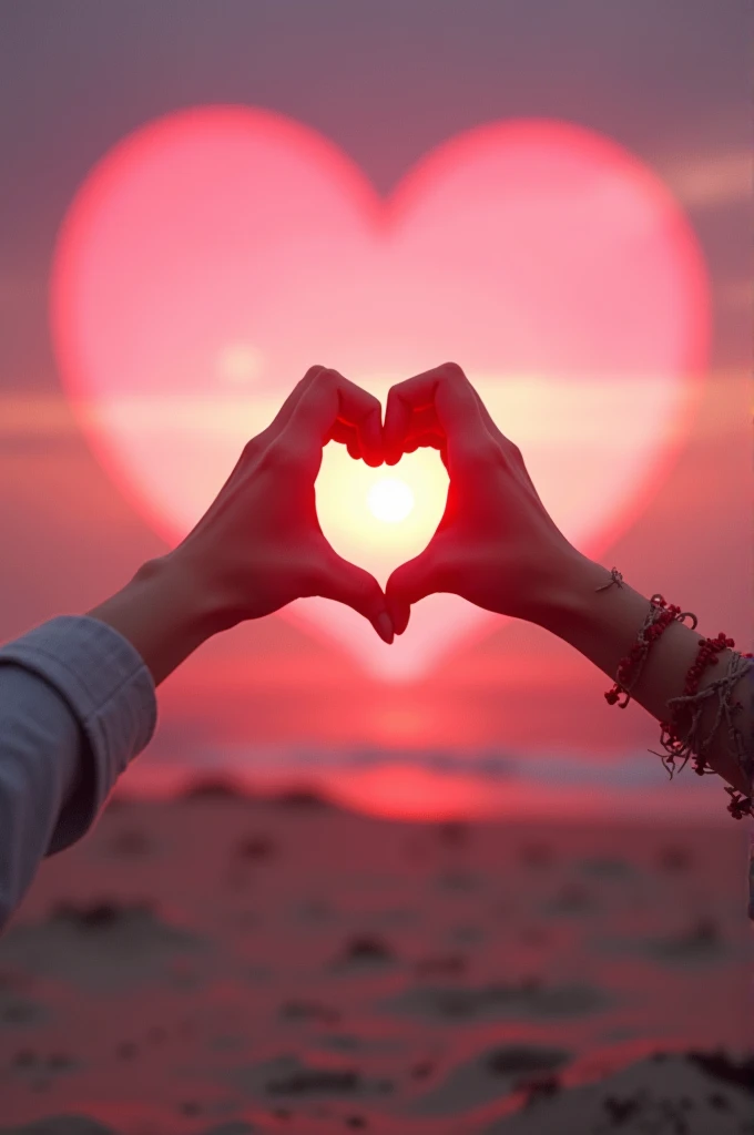 Create a pink and red heart-shaped sun, with only one hand making a heart in front of the sun on the beach, but it should be a bit rustic