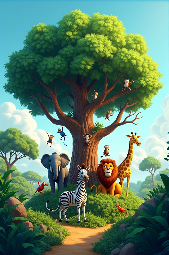 I want the setting of an animated jungle where you can see the blue sky in the background and a tree in the center with its branches extended to the sides where you can see animals like monkeys., Elephant, Lion, zebra, giraffe, birds and other animals of the jungle