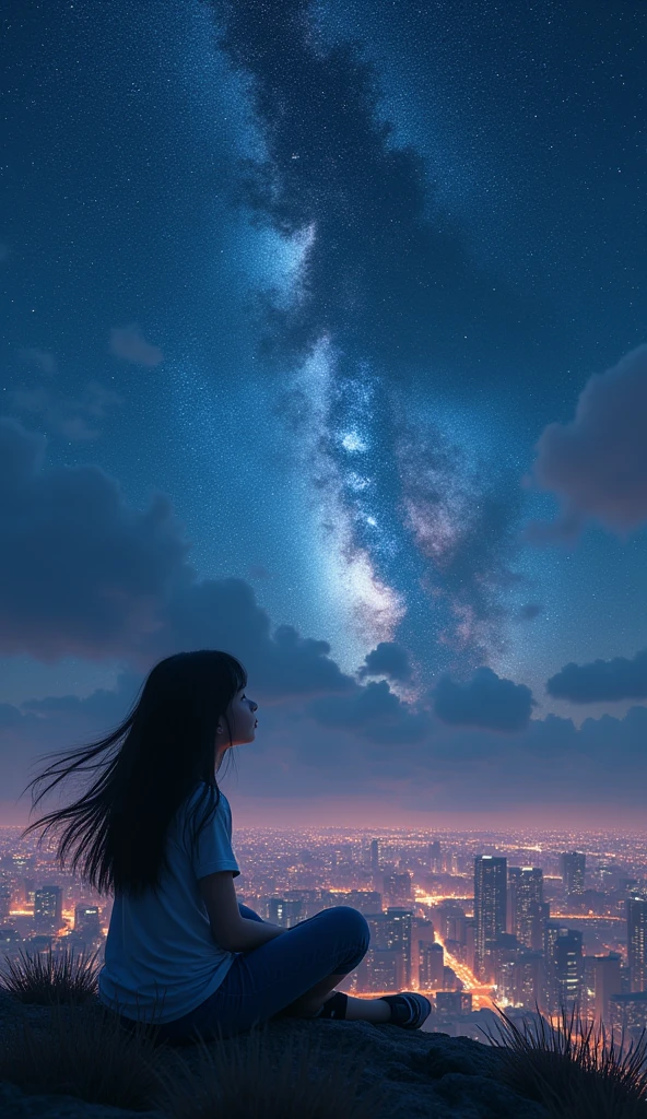 A young girl sits outside, Gazing at the starry sky, The Milky Way stretches above her head, with the cityscape as the backdrop、Clouds drift away, Long hair blowing in the wind, (Highest quality,8k,High resolution,masterpiece:1.2),Very detailed,(Realistic,photoRealistic,photo-Realistic:1.37),Beautiful attention to detail,Beautiful lip detail,Very detailed目と顔,Long eyelashes,A complex cityscape,Dramatic lighting,Gloomy atmosphere,Vibrant colors,Structure of the film