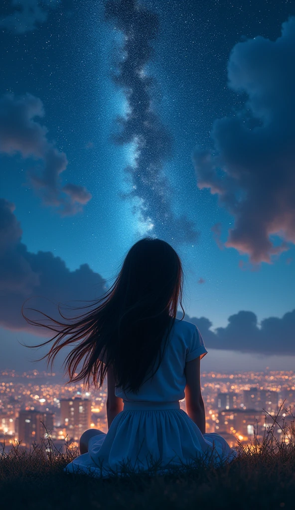 A young girl sits outside, Gazing at the starry sky, The Milky Way stretches above her head, with the cityscape as the backdrop、Clouds drift away, Long hair blowing in the wind, (Highest quality,8k,High resolution,masterpiece:1.2),Very detailed,(Realistic,photoRealistic,photo-Realistic:1.37),Beautiful attention to detail,Beautiful lip detail,Very detailed目と顔,Long eyelashes,A complex cityscape,Dramatic lighting,Gloomy atmosphere,Vibrant colors,Structure of the film