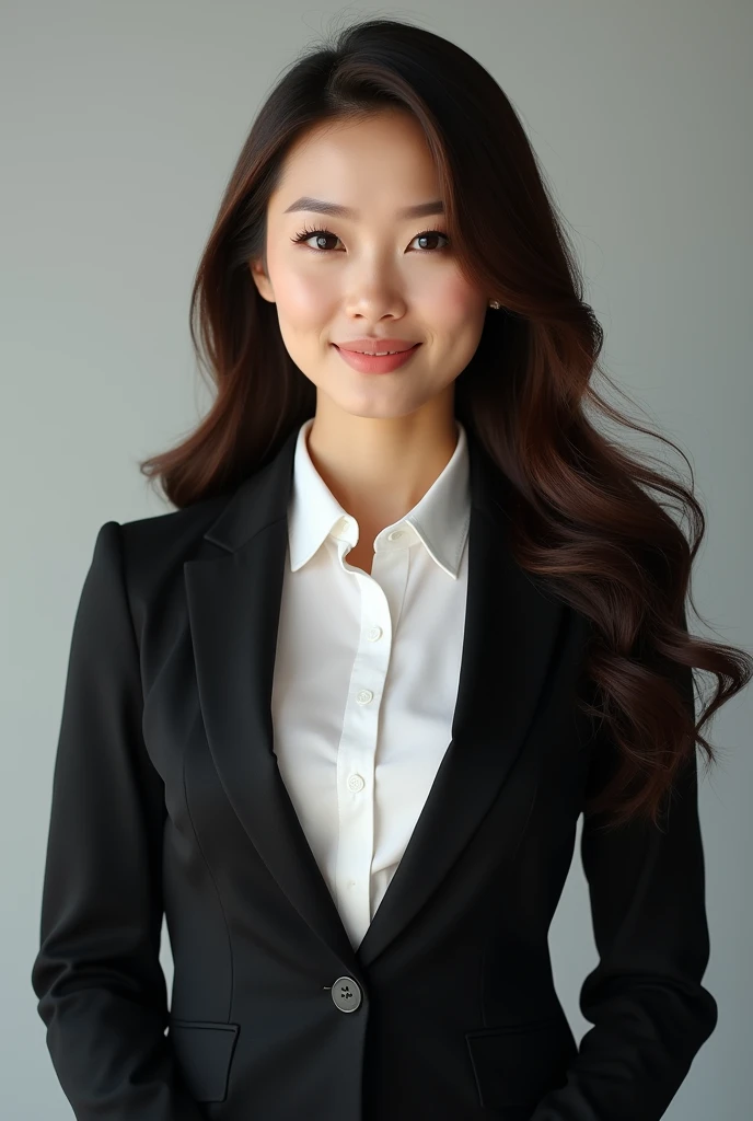 "A front-facing portrait of a slim Asian woman with long brown hair. She has a well-proportioned figure with a larger bust. As a news anchor, she has a beautiful and professional appearance, wearing a black blazer over a white button-up shirt. The shirt underneath is neatly tucked in. The image is horizontally oriented in a 16:9 ratio, with a neutral background, focusing attention on her."