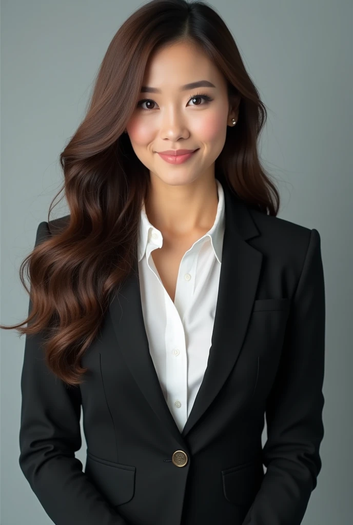 "A front-facing portrait of a slim Asian woman with long brown hair. She has a well-proportioned figure with a larger bust. As a news anchor, she has a beautiful and professional appearance, wearing a black blazer over a white button-up shirt. The shirt underneath is neatly tucked in. The image is horizontally oriented in a 16:9 ratio, with a neutral background, focusing attention on her."