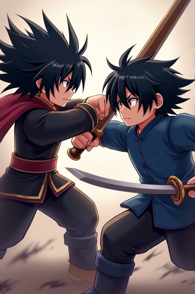 create a 512x512 pixel roblox picture of 2 black haired roblox people holding swords fighting anime style