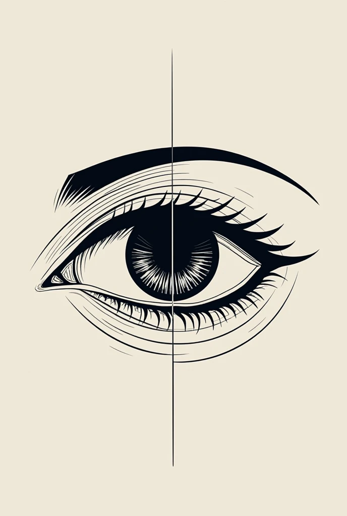 An eye splitting into two, as if one were coming out of the other. The image should be like a drawing, without being realistic. in black and white, only with lines, arcs, circles... to use in a logo. with the pupil dividing into 2