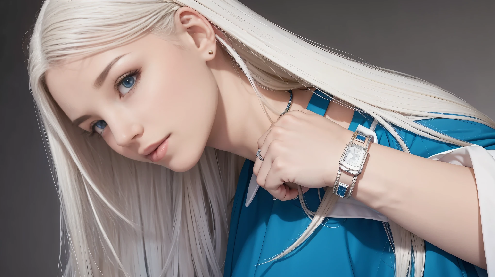 22 year old white woman、The hair color is platinum blonde、intense blue eyes、by the wide、straight hair、accessories on the wrist、I'I'm wearing a choker、The skin is soft、smile、Slim but muscular body.、my heart is beating、smile、wearing a dress with a plunging neckline、wearing red heels、I'I'm sitting in the middle of the stone steps of the old town..