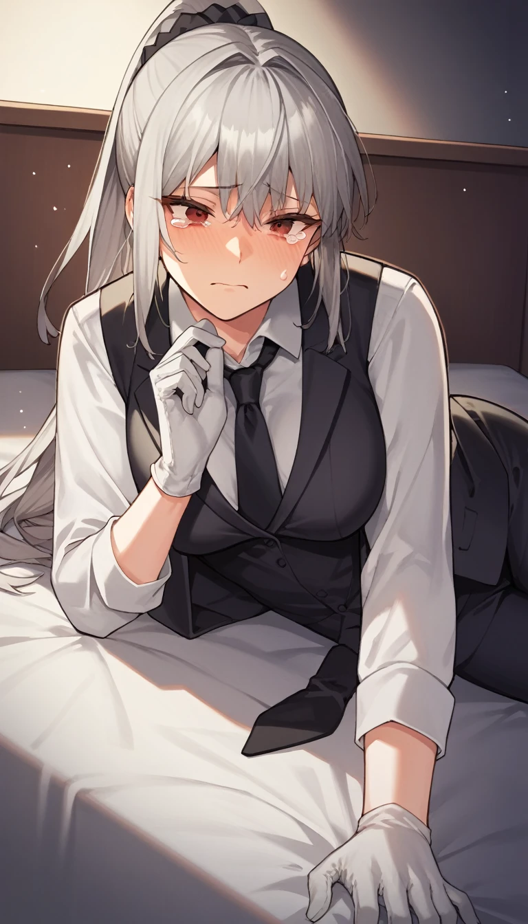 score_9, score_8_up, score_7_up, source_anime, 1girl, red eyes, room, wariza, ponytail, grey hair, cry face, teary eyes, portrait, blazer, starshadowmagician, solo, Adult woman, best perfect anatomy, thin, curvy body, medium breasts, curvy body, close up shot on person suffering from anxiety, a woman showing sadness, lonely woman, a mature woman laying prone on bed, white shirt, black tie, format black vest, Long-sleeved shirt, black trousers, white gloves, dynamic angle, dark background, night days, dark hotel bedroom background,