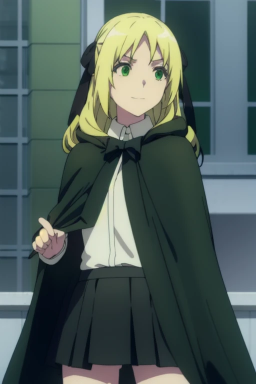 olo, 1girl, esther rosenthal, smile, long hair, blonde hair, (green eyes:1.5), mole, mole under eye, black ribbon, black bow, hair ribbon, skirt, black cloak, cape, best quality, city 