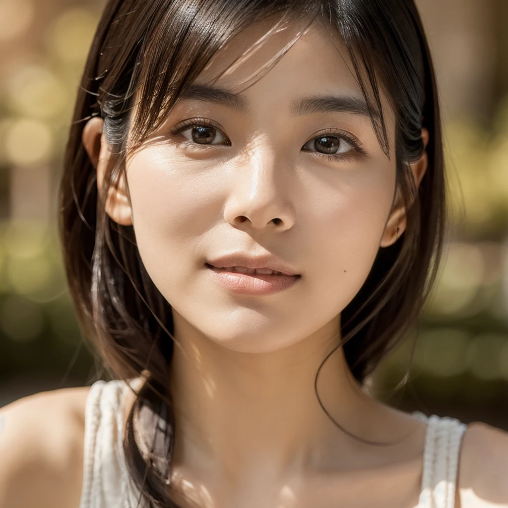 An ethereal and breathtakingly beautiful Japanese model and actress in her early 20s, depicted in an ultra-high-definition 4K close-up that reveals every intricate detail of her facial features. Her skin is hyper-realistic, showcasing a flawless complexion with a warm beige undertone that exudes a soft, natural glow. The skin texture is meticulously detailed, with visible yet refined pores, a subtle dewiness that captures the light perfectly, and a natural elasticity that conveys a soft, supple feel. Each tiny detail, from the barely-there peach fuzz along her jawline to the gentle flush of her cheeks, is rendered with astonishing precision. Her large, almond-shaped eyes are a deep, entrancing brown, with irises displaying complex color variations and reflections that give them a striking depth. The eyes are framed by perfectly arched brows and naturally curled, thick lashes that create delicate shadows on her upper cheeks. Her lips are naturally full and slightly parted, with a soft, velvety texture and a delicate sheen, capturing the light in a way that emphasizes their plumpness and smoothness. Her straight, glossy black hair frames her face, each strand individually defined, reflecting a soft, natural sheen that adds to the overall realism. The lighting is expertly calibrated, using a combination of diffused natural light and soft fill light to enhance the contours of her face, creating subtle, realistic shadows and highlights that bring out the texture of her skin and the depth of her features. Her expression is serene and confident, with a slight, enigmatic smile that adds an aura of sophistication and allure. The overall composition is designed to evoke a sense of ethereal beauty, with every element, from the finest details of her skin to the gentle fall of her hair, crafted to surpass human perception in realism.
