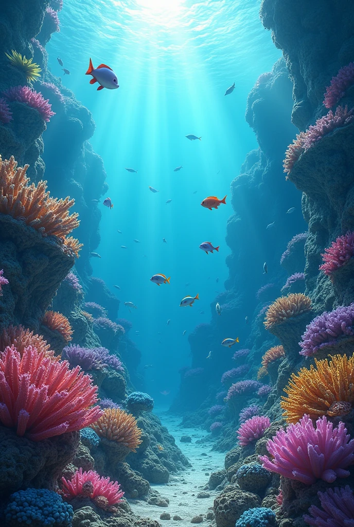 Scene from the depths of the ocean with the sun&#39;s rays barely visible from the surface, with a very beautiful coral and a variety of fish 