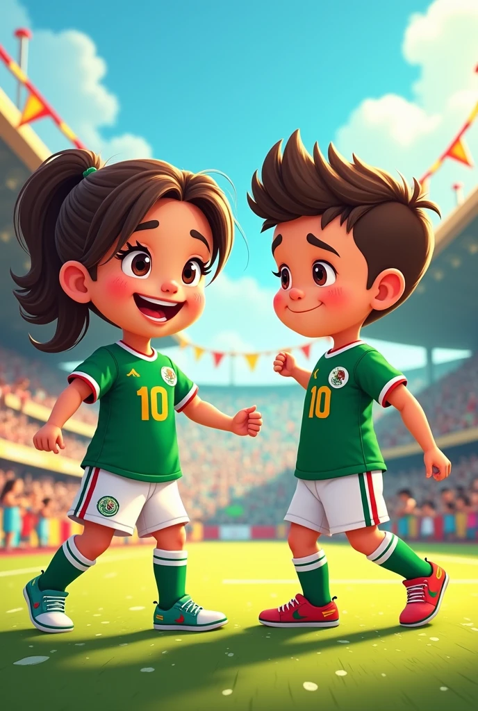 Cartoon of girl and boy in green and white Mexico sports uniform